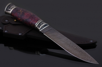 Охотничий нож "Засапожный" Дамасская сталь. Рукоять мельхиор, кап Клена(фиолетовая).